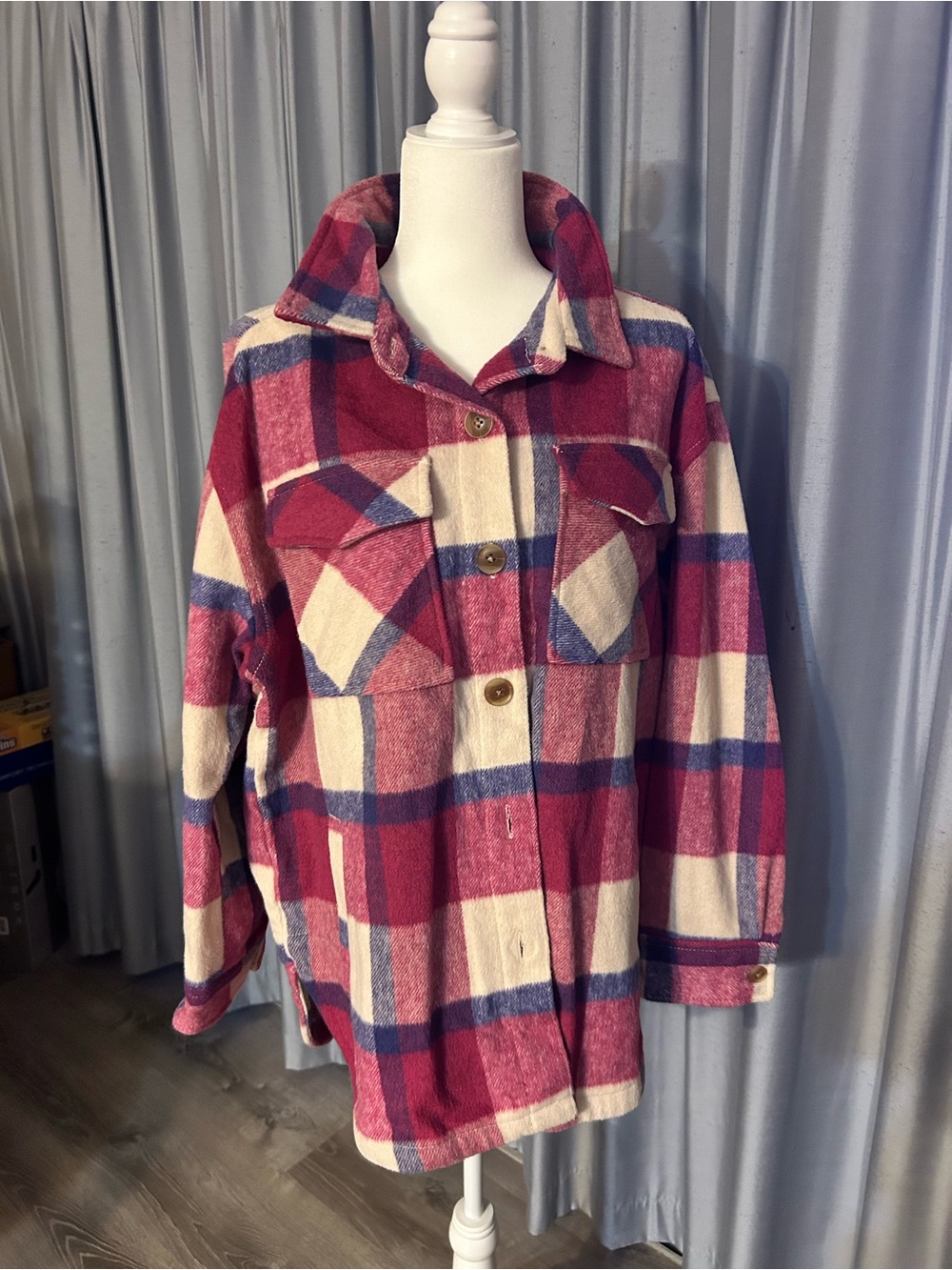 Women's Plaid Button-Up Shacket - Pink & Cream